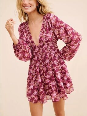 FREE PEOPLE Keep You Mini Dress-Size X-Small-Berry Floral Boho Long Sleeve-NWT